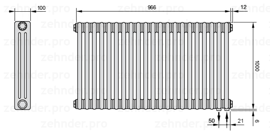 Схема (чертеж) Радиатор Zehnder Charleston 3100/21 №5510 Белый глянцевый RAL 9016
